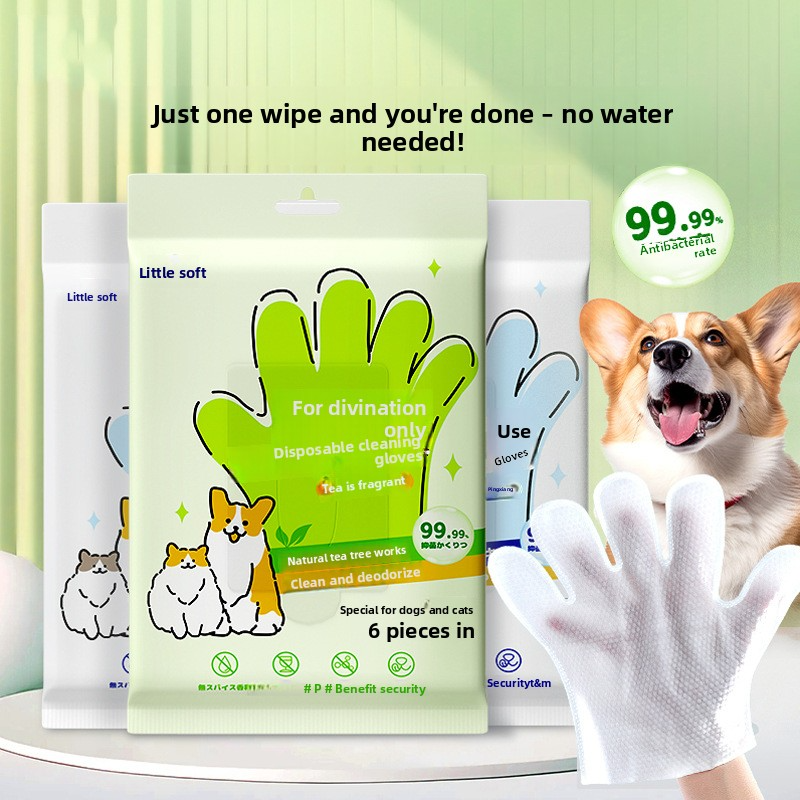 Pet wash-free cleaning gloves for dog bathing and deodorizing, cat dry cleaning wet wipes supplies, two packs.